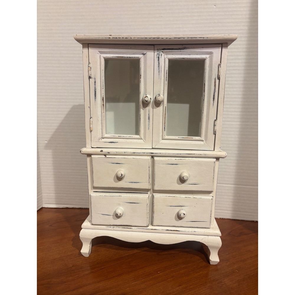 Vintage Shabby Chic Miniature Armoire Jewelry Box White Distressed Wood Cabinet